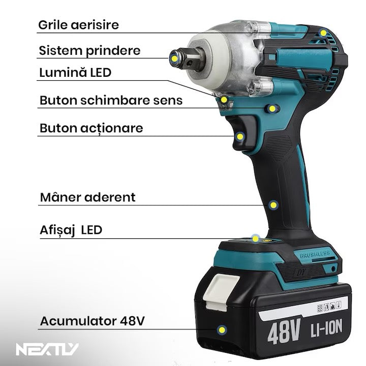 Mașină de Înșurubat cu Impact 48V, Set Complet cu 2 Acumulatori Li-Ion, Încărcător și 25+ Accesorii (Trusă Inclusă)