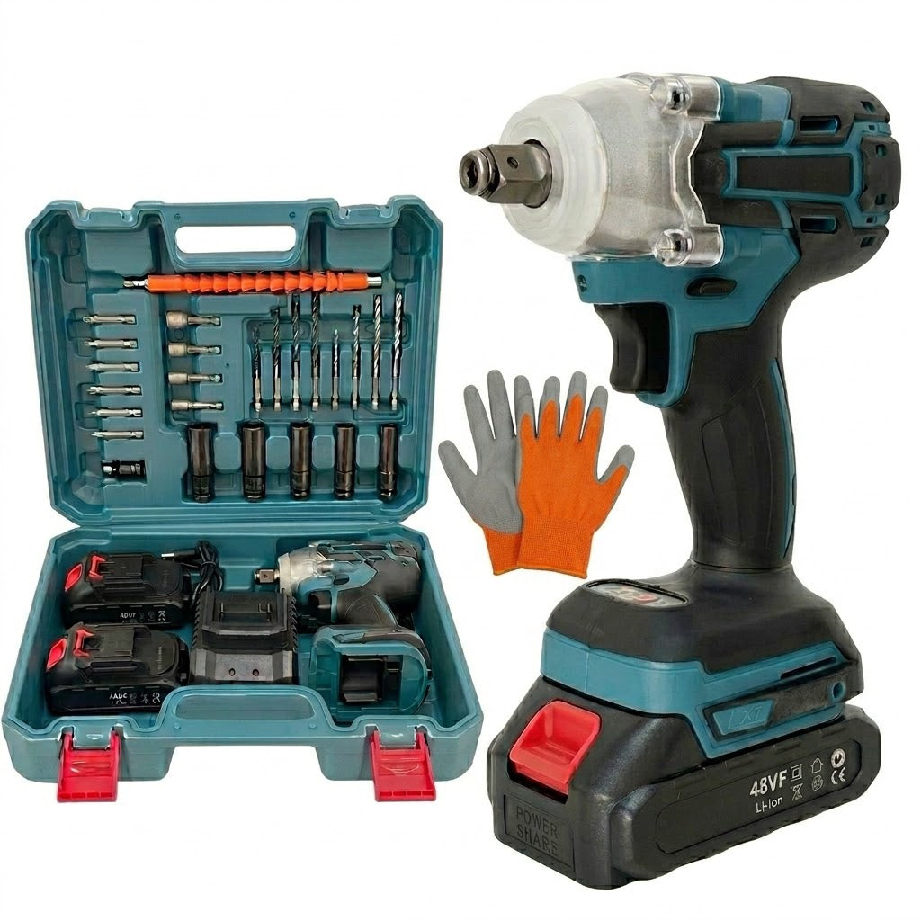 Mașină de Înșurubat cu Impact 48V, Set Complet cu 2 Acumulatori Li-Ion, Încărcător și 25+ Accesorii (Trusă Inclusă)